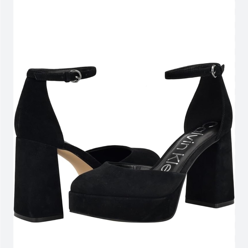 🌻Calvin Klein Sabin Black Suede Block Heel Platform Dress Pumps Sz 10